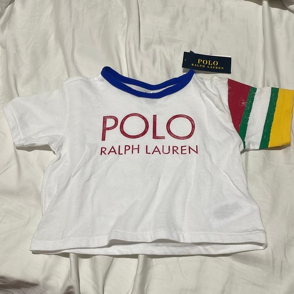 Ralph Lauren polo 4/4t 💯 cotton cropped t with logo and striped sleeve nwt